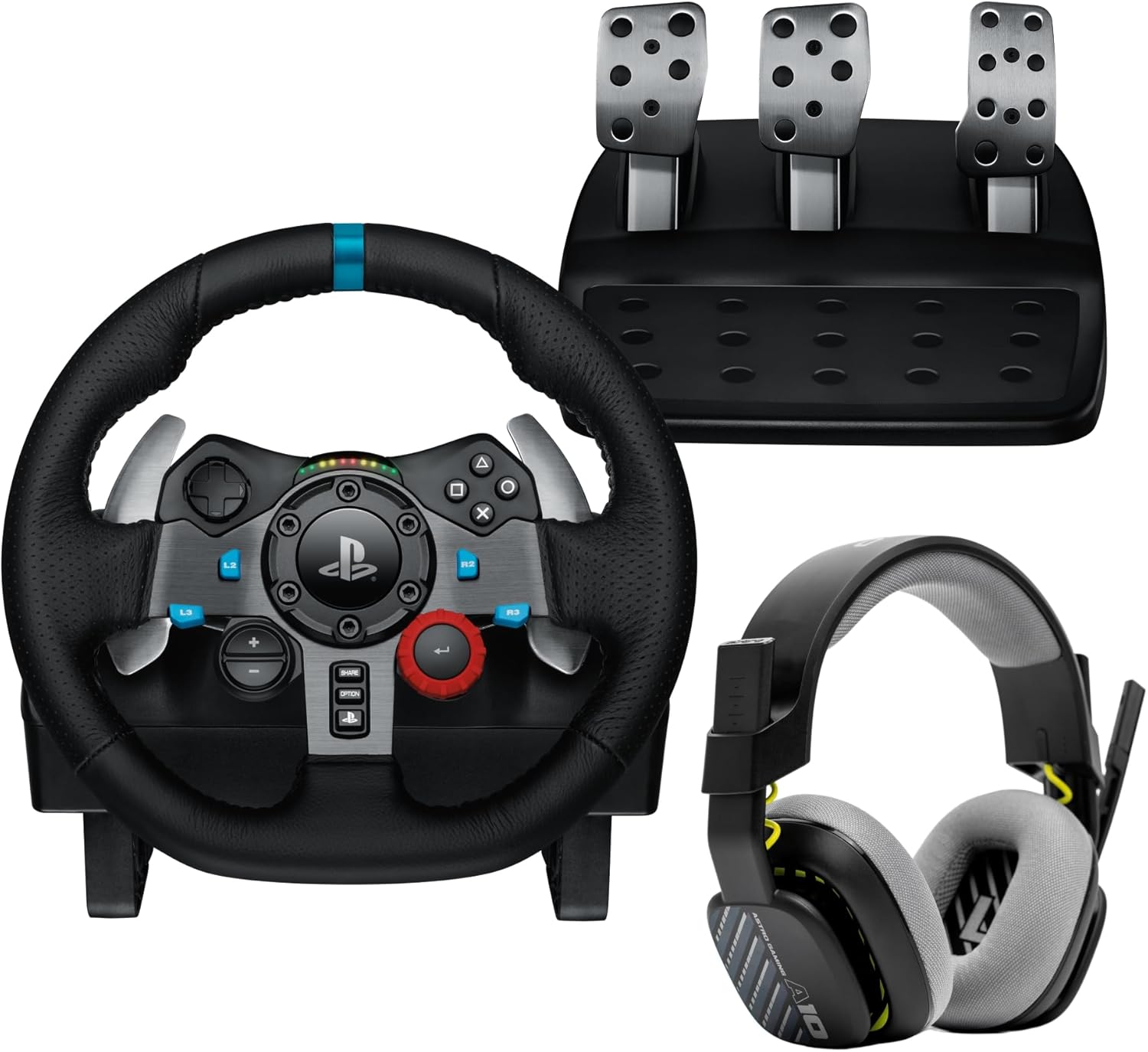 Logitech G29 Driving Force Racing Wheel and Pedals, Force Feedback, Real Leather + ASTRO A10 Gen 2 Wired Headset, Sim Steering Wheel, Pedals and Gaming Headset - For PS5, PS4, PC, Mac - Black