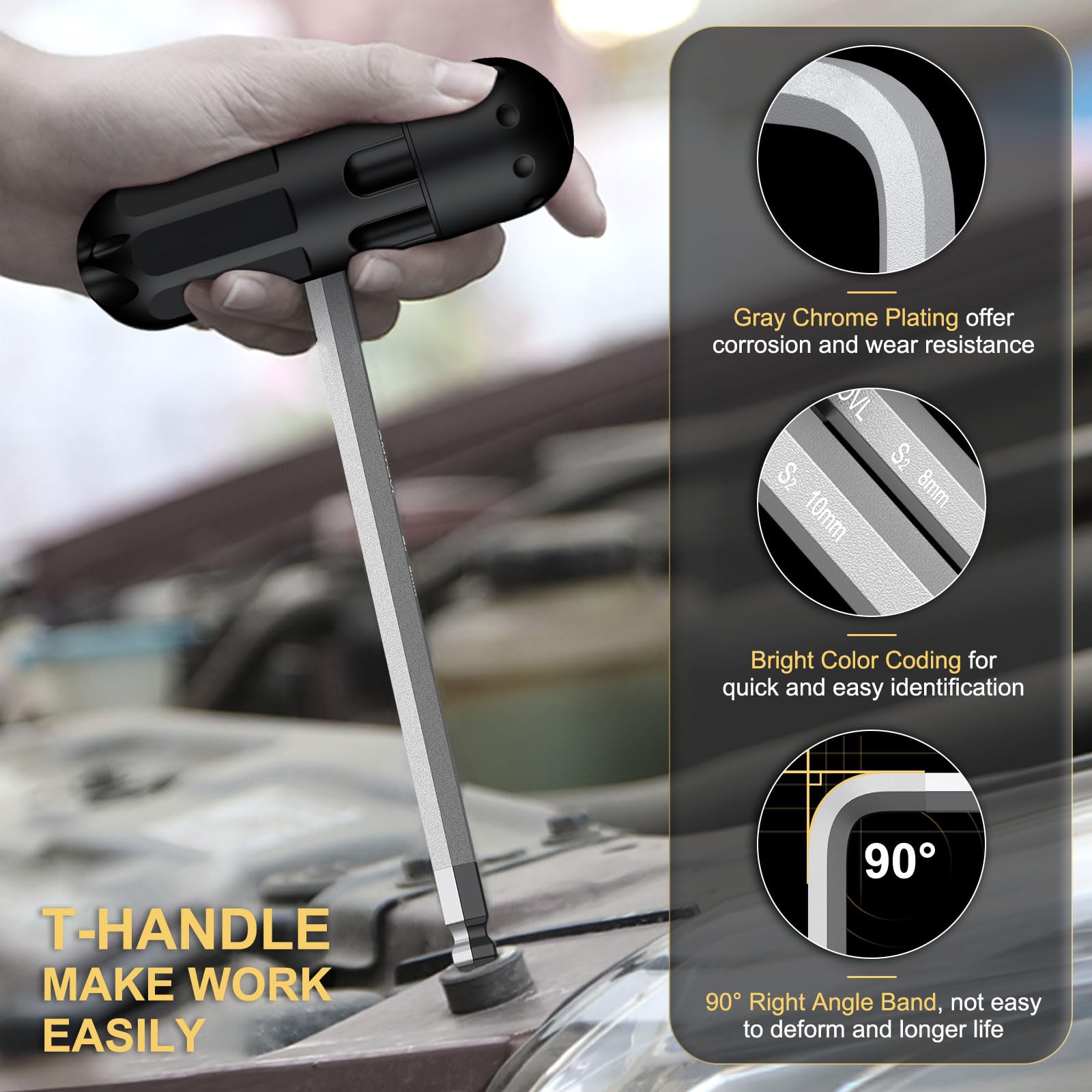 AMTOVL Hex Keys Set, 27PCS Allen Key Set & Star Key Set, Magnetic S2 Steel Metric Imperial Extra Long Ball End Hex Key Set with Color Coding with T-Handle for Bicycle Repair Household DIY