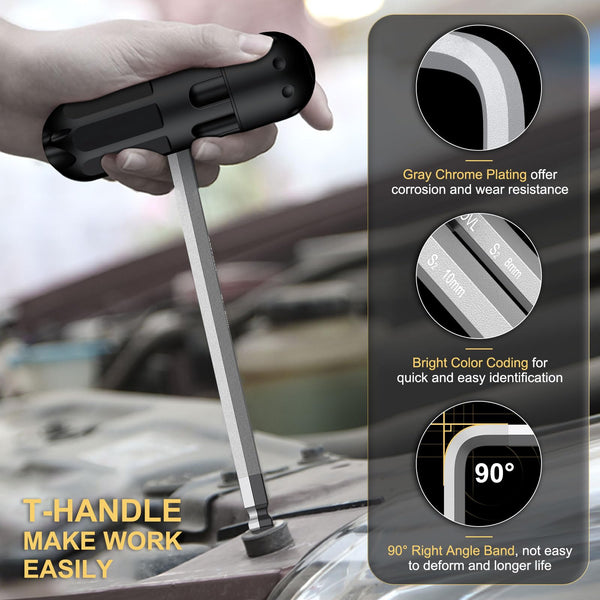 AMTOVL Hex Keys Set, 27PCS Allen Key Set & Star Key Set, Magnetic S2 Steel Metric Imperial Extra Long Ball End Hex Key Set with Color Coding with T-Handle for Bicycle Repair Household DIY