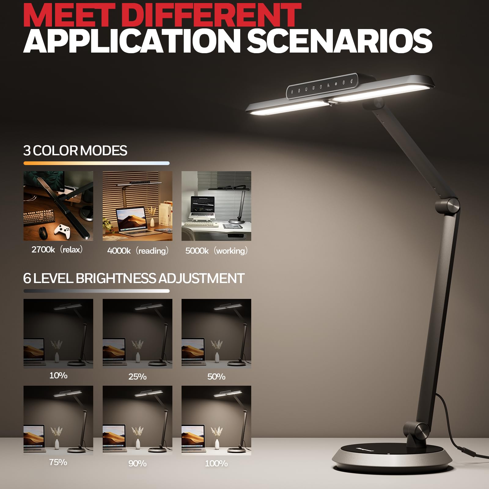 Honeywell LED Desk Lamp for Home Office - H4 Sunturalux™ Eye-Caring Desk Light, 14W Dimmable Table Lamp with 3 Color Modes, 5 Brightness Levels, Auto-Dimming, Timer, Touch Control Reading Lamp, White