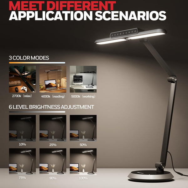 Honeywell LED Desk Lamp for Home Office - H4 Sunturalux™ Eye-Caring Desk Light, 14W Dimmable Table Lamp with 3 Color Modes, 5 Brightness Levels, Auto-Dimming, Timer, Touch Control Reading Lamp, White