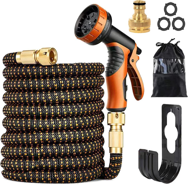 Expandable Garden Hose with 10 Modes Water Spray Gun,3/4"&1/2" Solid Brass Connectors, Durable 3450D Weave, Garden Hose Reel,No-Kink Flexible Magic
