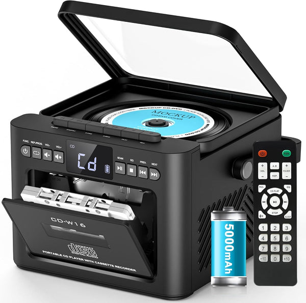 Greadio Portable CD Player for Home, Rechargeable Boombox Cassette Player, FM Radio CD Player with Bluetooth, 5000mAh Battery, Remote Control, USB, AUX, TF/SD Card, 5W Dual Stereo Speaker (Black)