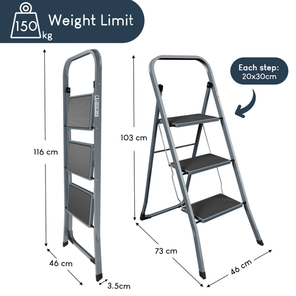 Home Vida 3 Step Ladder - Heavy Duty Steel Folding Ladder with Slip-Resistant and Wide Steps, Folding Mechanism, 150kg Max Load, Home/Kitchen/DIY/Garden Use, White