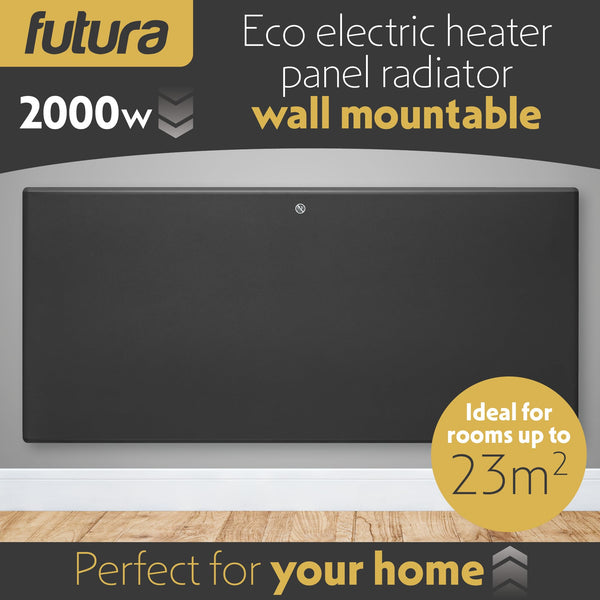 Futura 2000W Grey Electric Radiator Heaters for Home, Bathroom Safe Electric Heater Setback Timer Lot 20 & Advanced Thermostat Control Wall Mounted or Floor Standing Low Energy Panel Heater