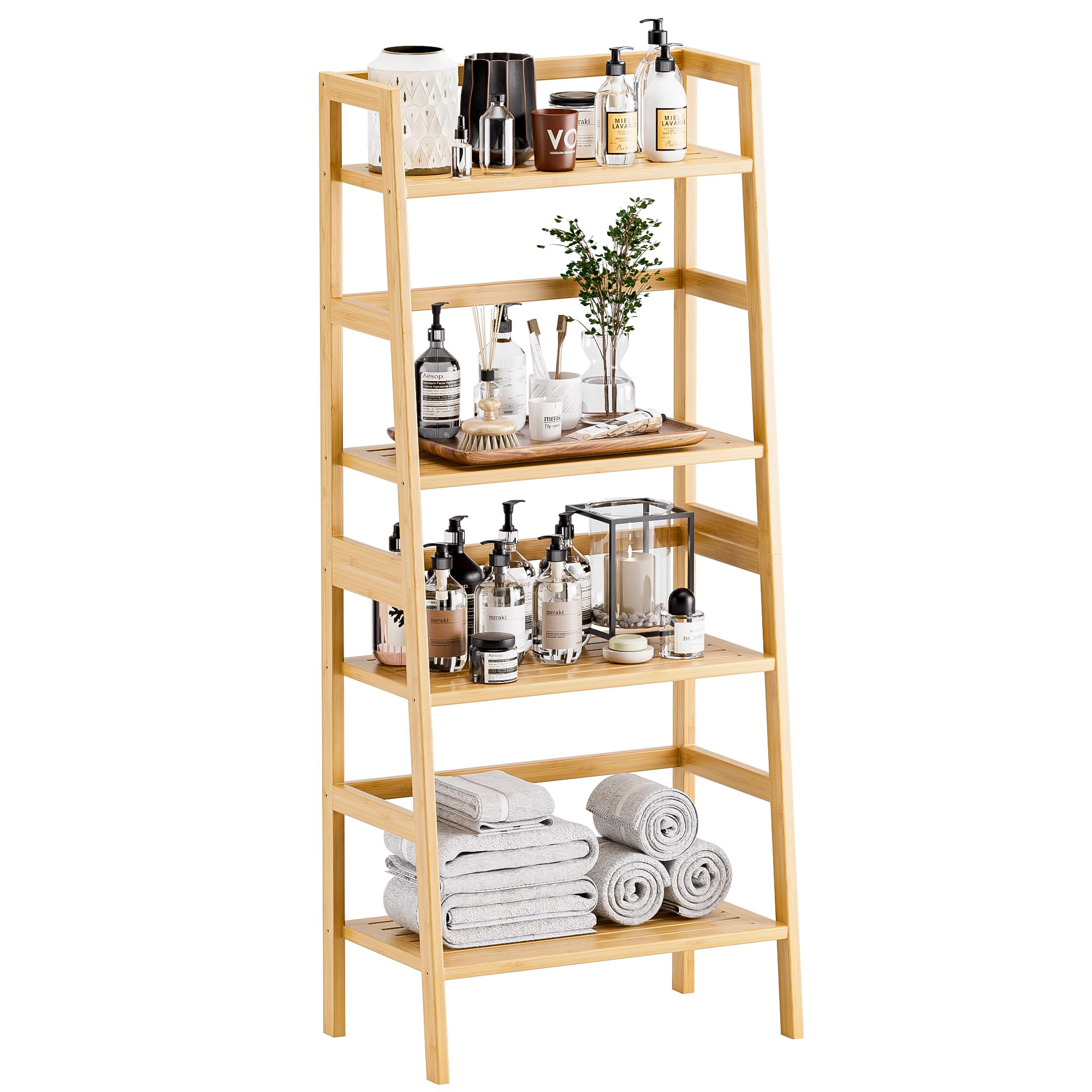 HITNET Bamboo Ladder Shelf, 4-Tier Bookshelf, Freestanding Open Bookcase Bathroom Storage Rack Organizer, Small Flower Plant Stand, Natural