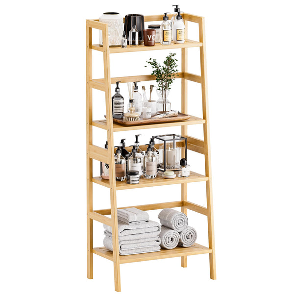 HITNET Bamboo Ladder Shelf, 4-Tier Bookshelf, Freestanding Open Bookcase Bathroom Storage Rack Organizer, Small Flower Plant Stand, Natural