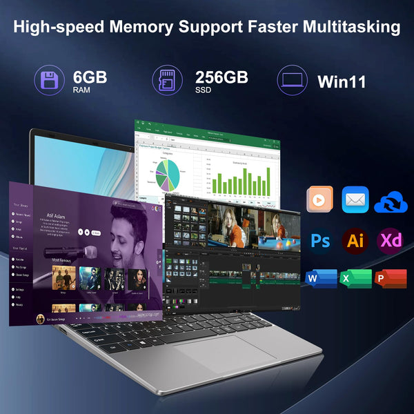 HUQPPQ 14 Inch Laptop Celeron N4020 Processor 6GB RAM 256GB SSD WIN11 Laptops | FHD 1920×1080 IPS Display | WiFi 5, USB 3.0, Webcam | Ideal for Business, School & Work - Gray