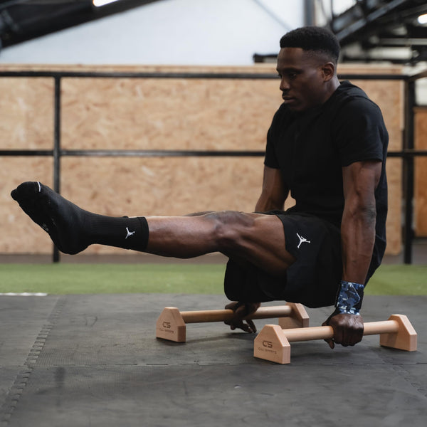 CALI SPORTS Calisthenics Wood Parallettes Bars | Push Up Bar That Will Not Slip or Wobble | Wrist Wraps Included (Long)
