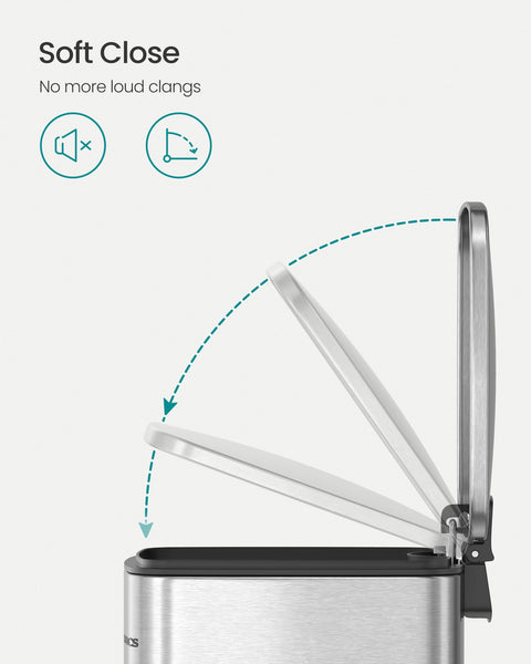 SONGMICS Kitchen Bin, 8-Gallon (30 L) Trash Bin, Steel Pedal Bin, with Inner Bucket, Soft Close and Stays Open, Metallic Silver LTB593E01