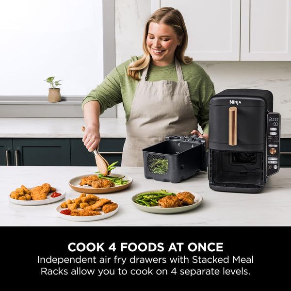 Ninja Double Stack XL Air Fryer, Vertical Dual Drawer AirFryer with 4 cooking levels, 2 Drawers and 2 Racks, Space Saving Design, 9.5L Capacity, 6 Cooking Functions, 8 Portions, Grey, SL400UK