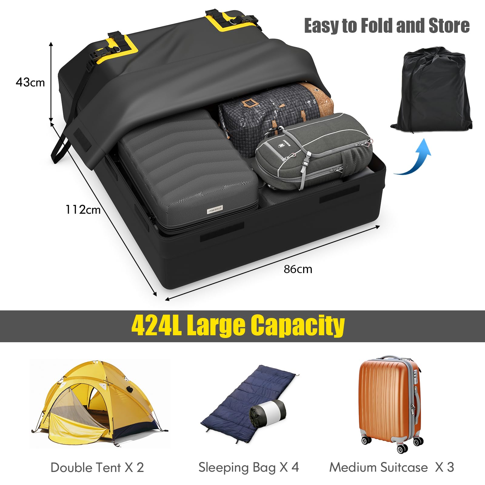 COSTWAY 15/21 Cubic Feet Car Roof Bag, 100% Waterproof Roofing Cargo Carrier with Anti-Slip Mat, Combination Lock & Straps, Rooftop Luggage Storage Box (Black, 21 Cubic Ft/600L)
