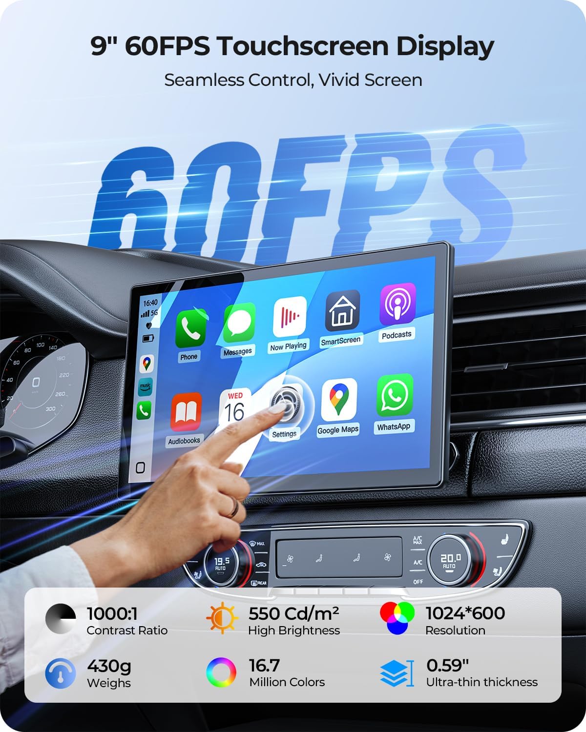 9" Wireless Portable 60FPS Car Screen for Apple CarPlay & Android Auto, 1024*600 HD Display, Magnetic Mount, OTA, Portrait and Landscape Modes, Backup Camera, Bluetooth, Voice Control, GPS Navigation