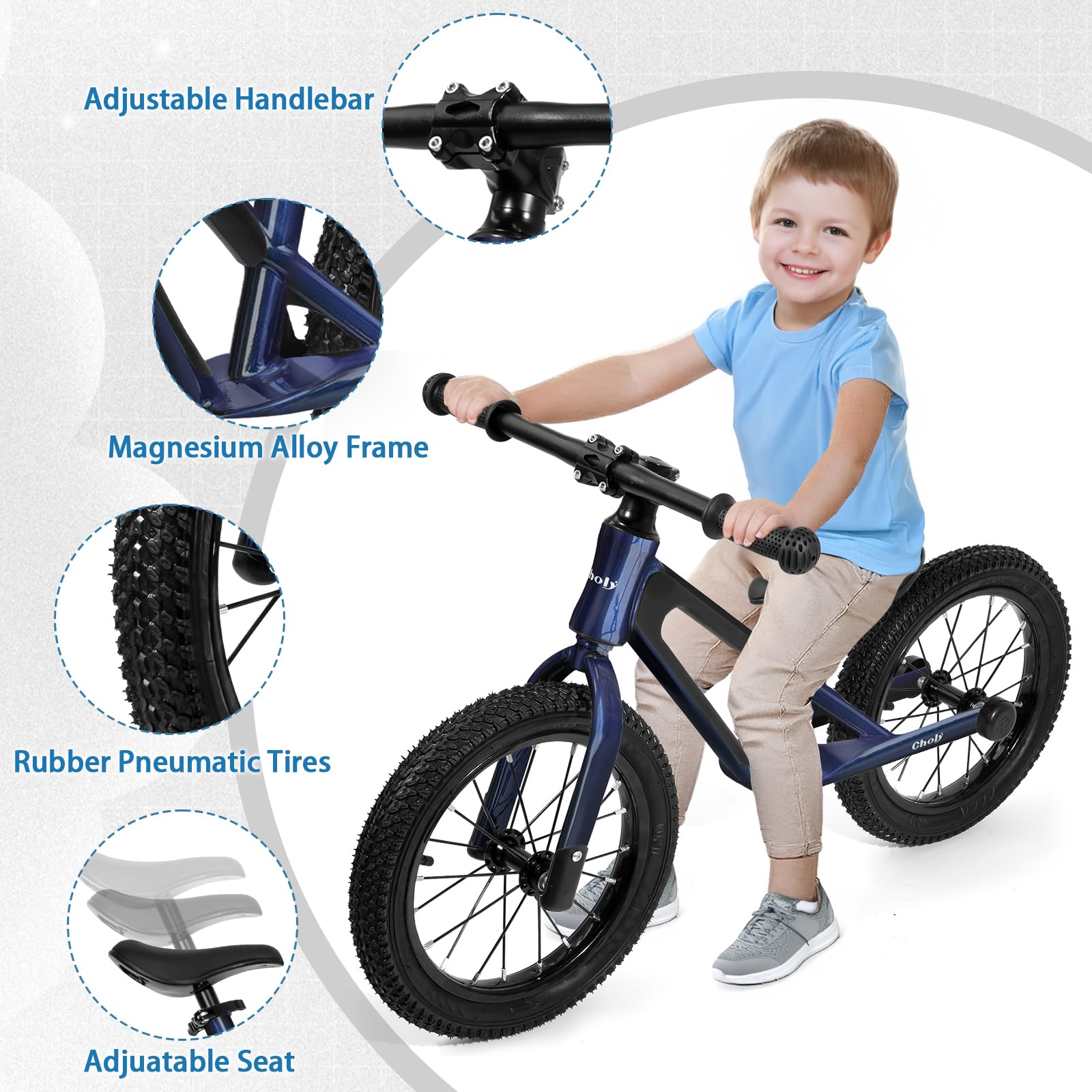 CHOLY 14 Inch Balance Bike for 3,4,5,6 Year Old Boys Girls, No Pedal Kids Bike with Adjustable Seat, Air Tires and Magnesium Alloy Frame, Lightweight Children's Traing Bicycle