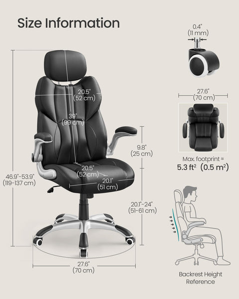 SONGMICS Office Chair, Ergonomic Gaming Chair, Adjustable Headrest, Tilt Function, Foldable Armrests, Swivel Castors, Adjustable Height, E-sports Chair, Ink Black OBG65BKUK