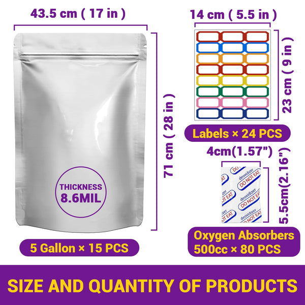 15PCS Mylar Bags for Food Storage 5 Gallon 17"x28" 8.6Mil, Mylar Bags with Oxygen Absorbers 40000cc + Labels Heat Sealable Resealable Ziplock for Long
