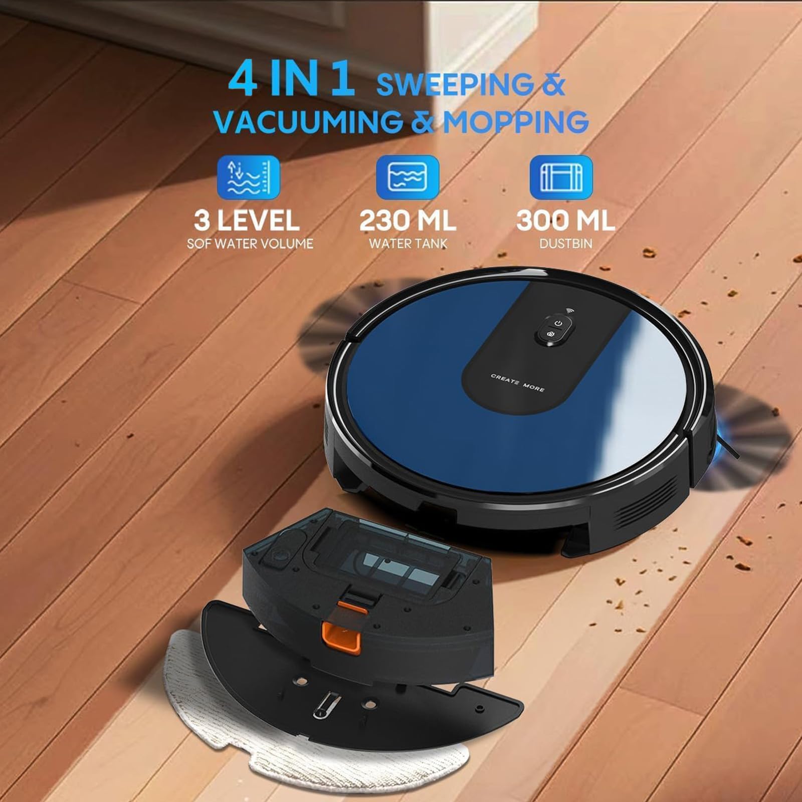 Robot Vacuum Cleaner with Mop, 4-in-1 Robotic Vacuums, 5000Pa Ultra Strong Suction, Long Running Time, Timing Function, App/WiFi for Pet Hair Hard Floor and Carpet(Striped Blue)