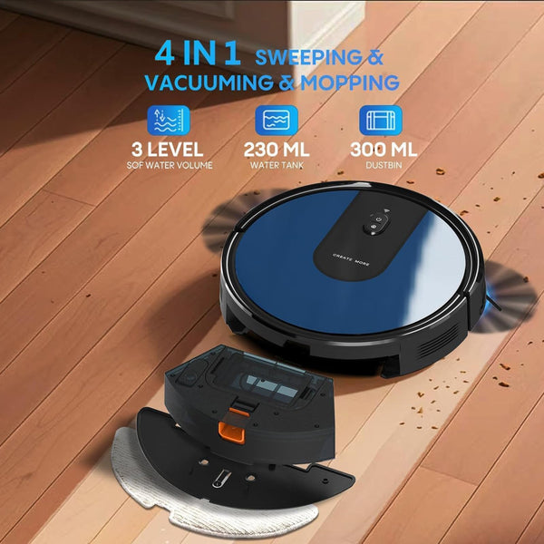 Robot Vacuum Cleaner with Mop, 4-in-1 Robotic Vacuums, 5000Pa Ultra Strong Suction, Long Running Time, Timing Function, App/WiFi for Pet Hair Hard Floor and Carpet(Striped Blue)