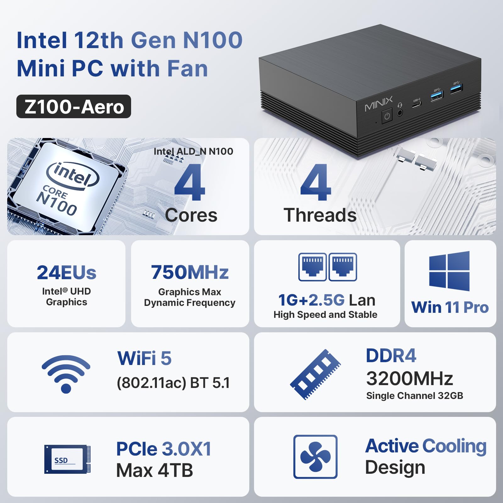 MINIX Fanless Windows 11 Pro Mini PC, Intel 12th Gen N300, NEO Z300-0dB 16GB DDR4, 512GB M.2 PCIe Gen3 x 4 SSD Micro Desktop Computer, 4K Dual Display/2.5G LAN, for Business Home office Multi-Tasking