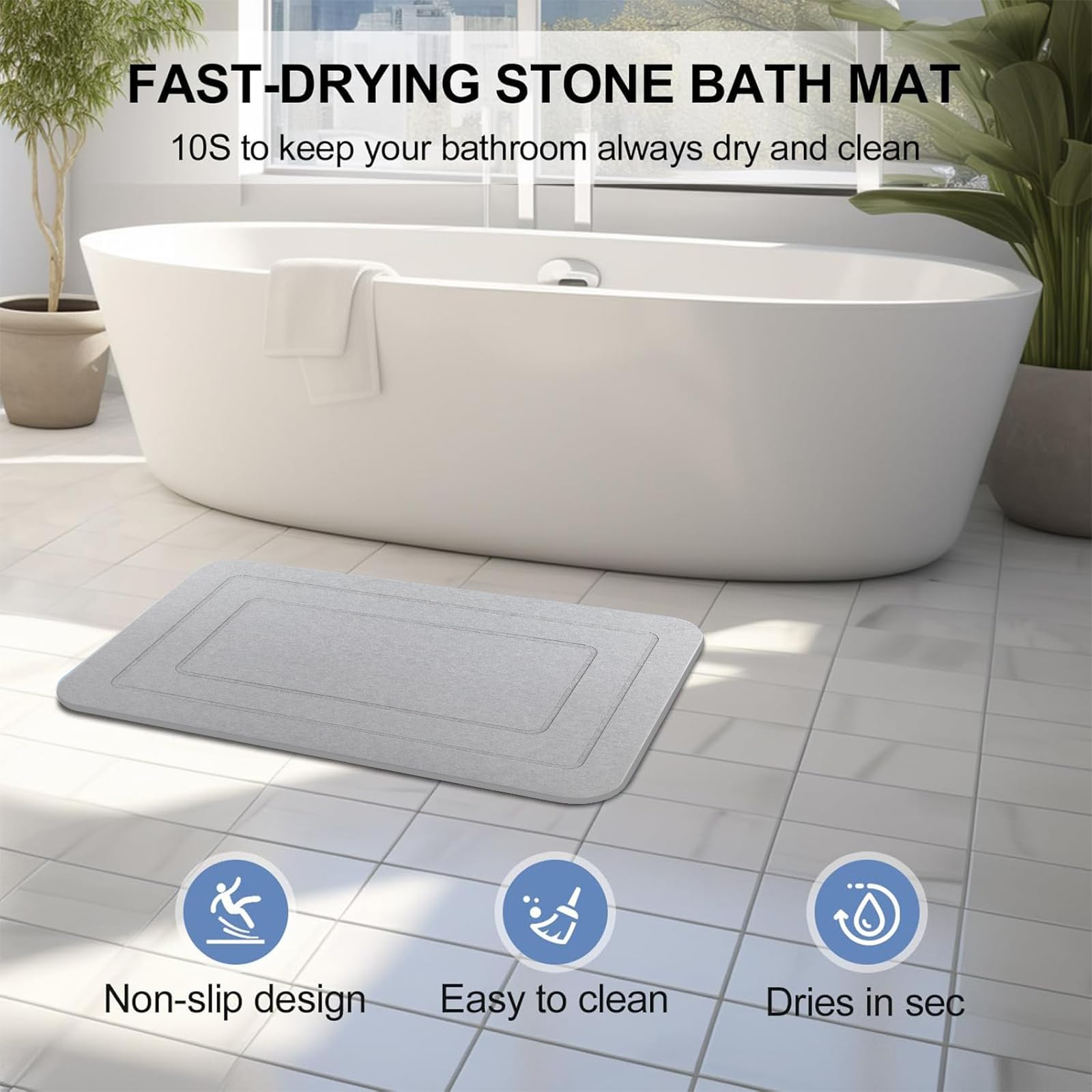 HUMIGA 2 Pack Stone Bath Mat, Diatomaceous Earth Shower Mat, Non-Slip Super Absorbent Quick Drying Bathroom Kitchen Floor Mat (Pale Gray, 24x15)