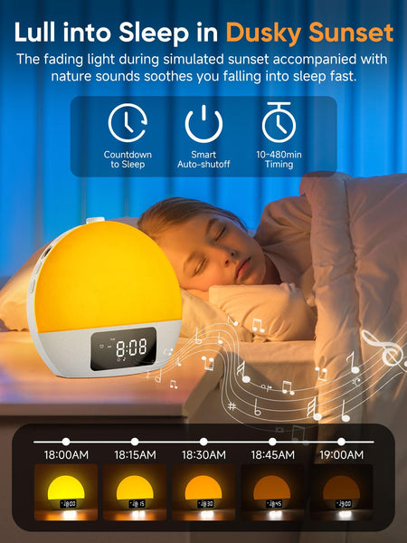 Wake-up Light, Sunrise/Sunset Alarm Clock, 9Min Snooze, Bedroom Night Lamp, 25 Soothing Sounds with 16 Volumes, Weekday/Weekend Dual Alarms, Child/Adult Alarm, Adjustable BT Party/Gathering Lamp