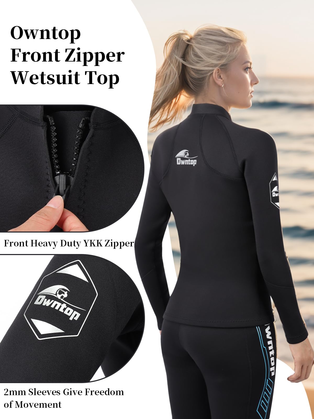 Owntop 2mm Neoprene Wetsuits Jacket for Men/Women, Long Sleeve Front Zipper, Purple, Unisex-Adults, Surfing, Scuba Diving, Paddling, Swimming