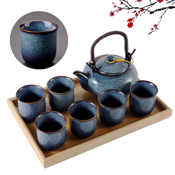 DUJUST Japanese Tea Set for 6, Kiln Altered Glaze Porcelain, Unique Blue, 23.5oz Teapot with 6 Cups & Bamboo Tray, Retro & Elegant, Heat-Proof Handle,
