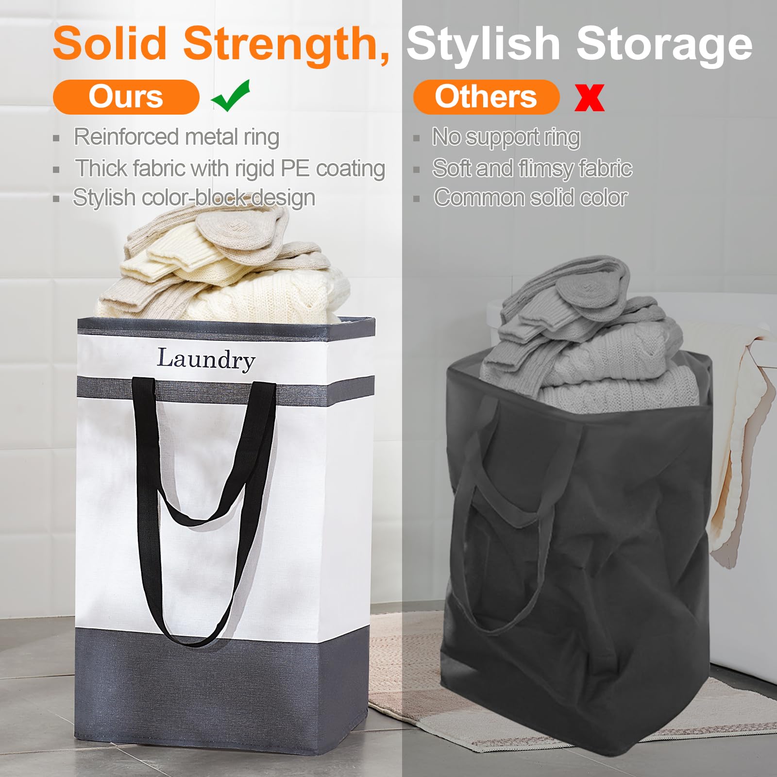 ROSOS Collapsible Foldable Hamper - Extended Double Handle, 80 L Laundry Basket for Bedroom Bathroom Dorm Storage - 1 Pack, Black