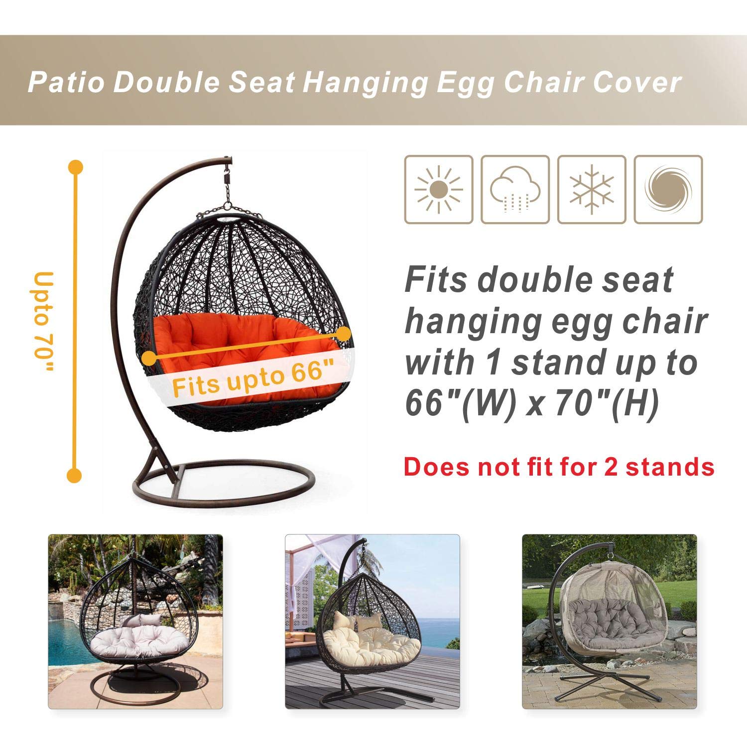 Porch Shield Patio Hanging Egg Chair Cover - Waterproof Outdoor Double Seat Wicker Swing Egg Chair with Stand Protector