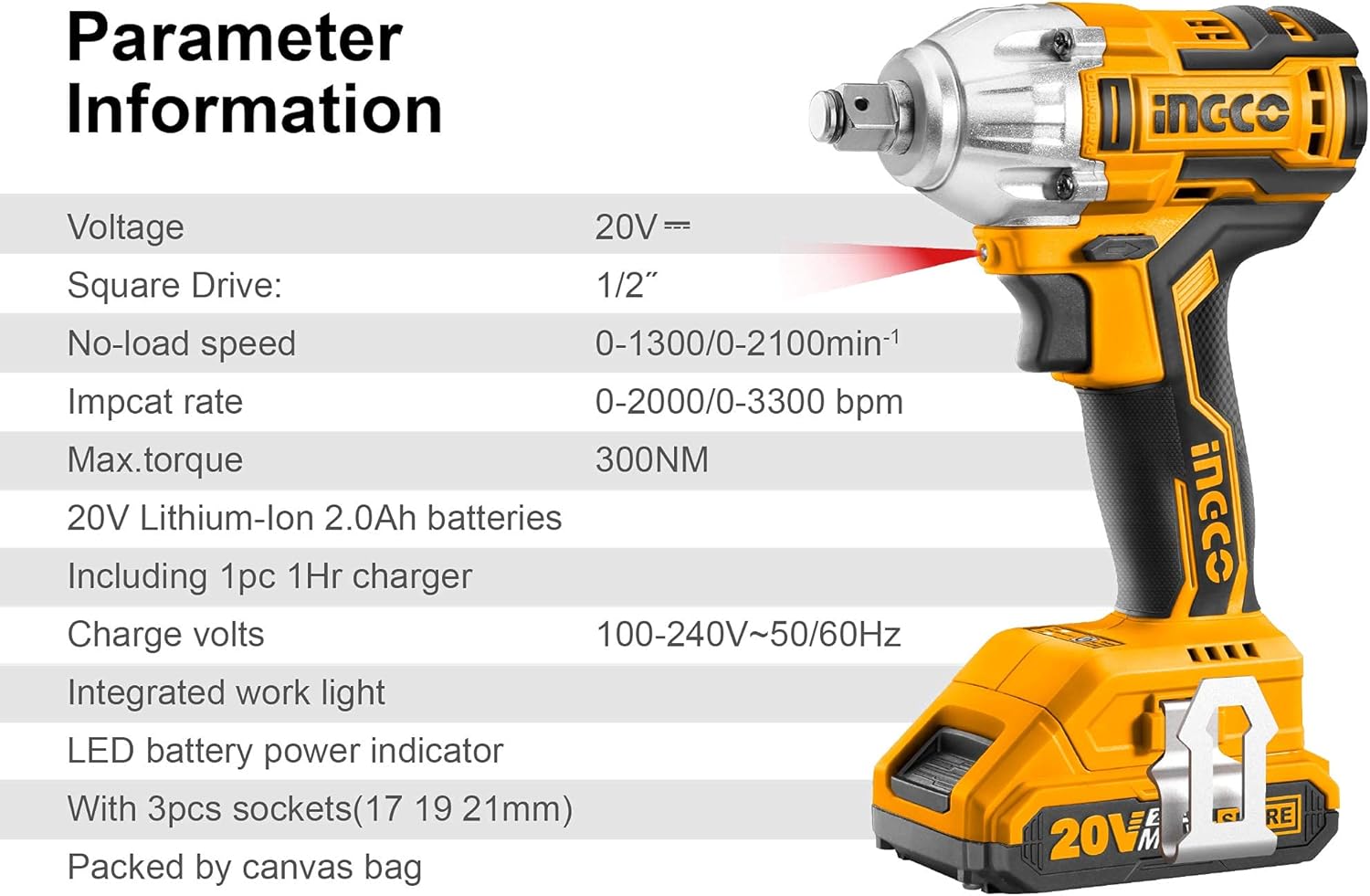 Ingco 20V Brushless Lithium-Ion Impact Wrench with 2Pcs 2.0Ah Batteries, 1Pcs Charger, 3Pcs Sockets, 1/2 Inch, 300NM CIWLI20013