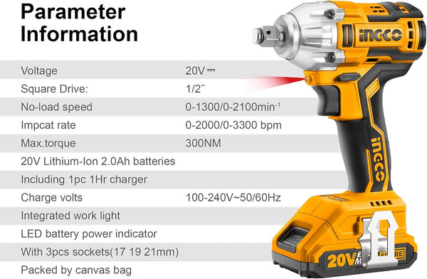 Ingco 20V Brushless Lithium-Ion Impact Wrench with 2Pcs 2.0Ah Batteries, 1Pcs Charger, 3Pcs Sockets, 1/2 Inch, 300NM CIWLI20013