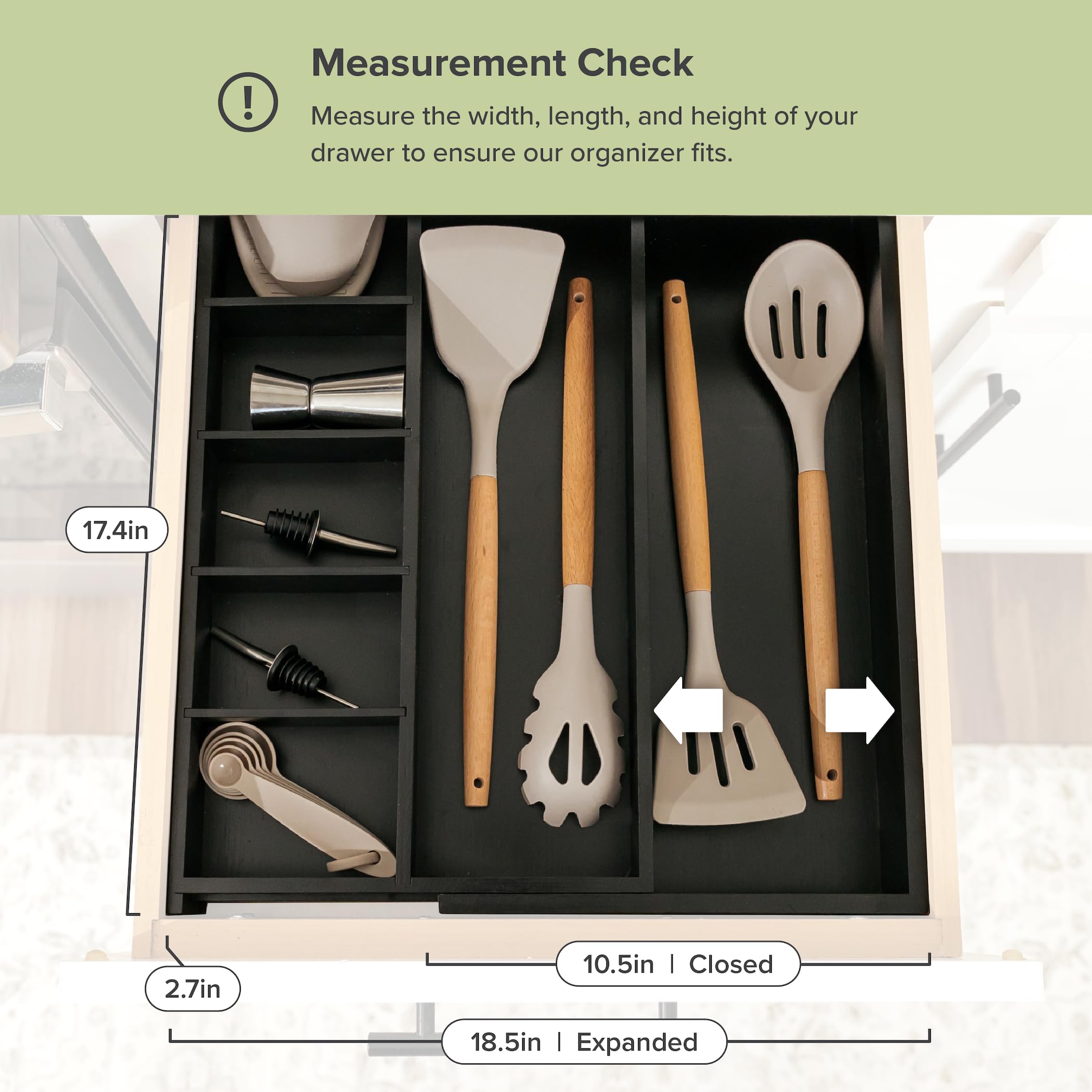 Grehge ustable Kitchen Drawer Organiser for Utensils and Junk, Expandable to 28 Inches Wide, 9 Compartments, 100% Bamboo