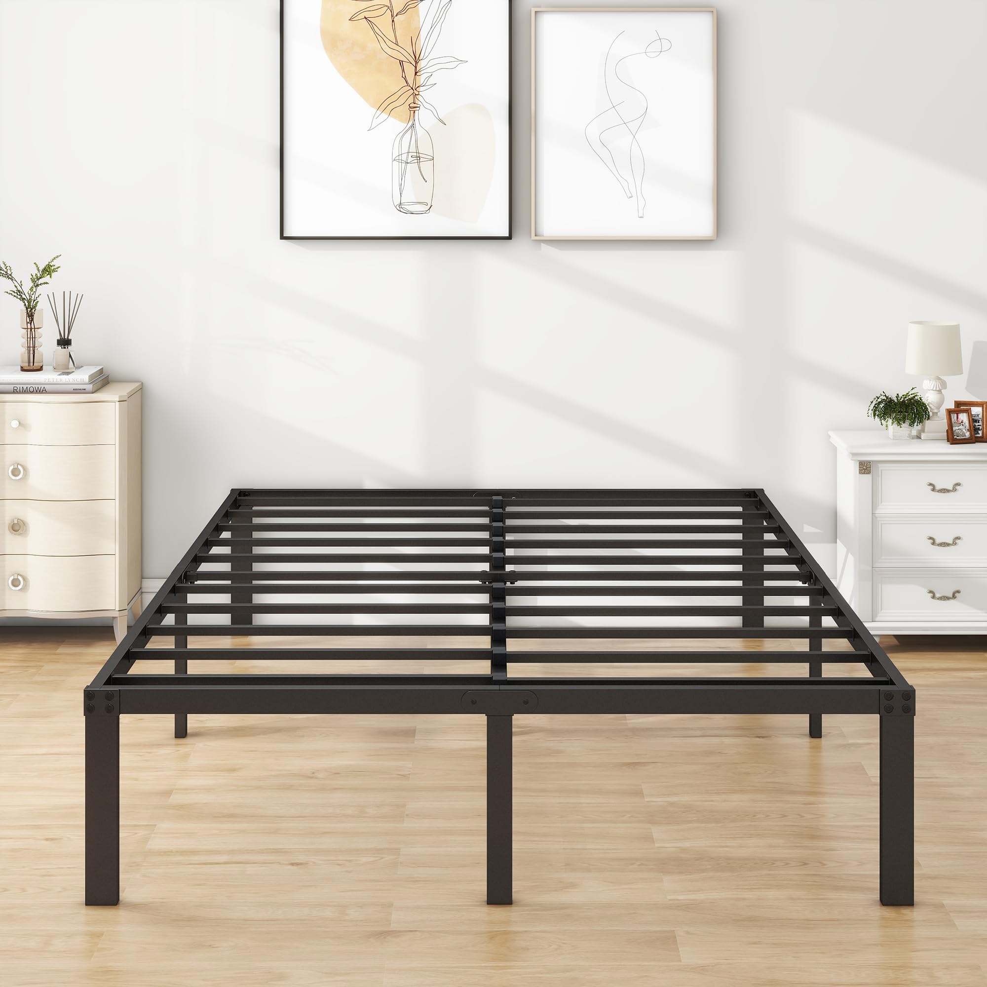 4ft6 Double Bed Frames, 36cm High Metal Platform Bed Frames Double with Storage Under Bed/Steel Slats Mattress Base, No Box Spring Needed, Enhanced