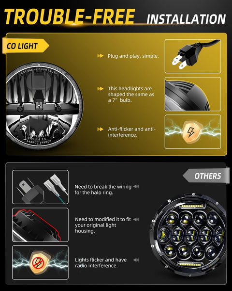 CO LIGHT 7 Inch LED Headlight Round Half Halo Angel Eyes DRL Amber Turn Signal Lights DOT and E-Mark Approved, H6024 LED Headlights with H4 H13 Adapter Compatible for Wrangler JK TJ LJ CJ, 2PCS