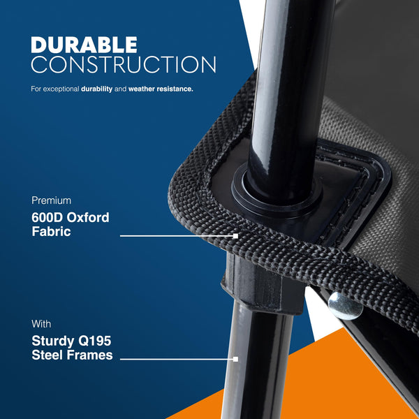 Voyager Folding Camping Chairs 2 Pack with Cooler Bag, Lightweight Q195 Steel Frame, 600D Oxford Fabric, Portable & Comfortable - Black (Black, Padded)