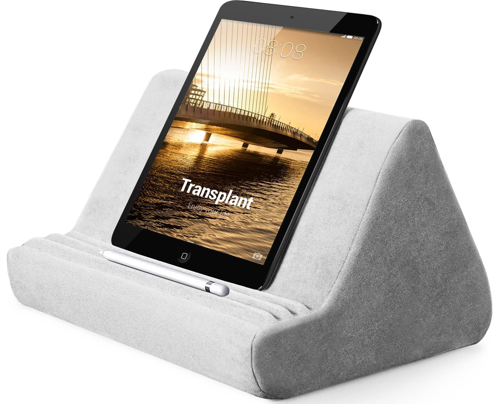 Soft Tablet Stand Pillow with Pocket,Tablet Cushion Stand,Adjustable 3 Viewing Angle,Lazy Holder Stand for Bed Sofa,Compatible with iPads Tablets eReaders Smartphones Books Magazines（Grey）…