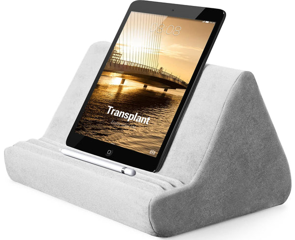 Soft Tablet Stand Pillow with Pocket,Tablet Cushion Stand,Adjustable 3 Viewing Angle,Lazy Holder Stand for Bed Sofa,Compatible with iPads Tablets eReaders Smartphones Books Magazines（Grey）…
