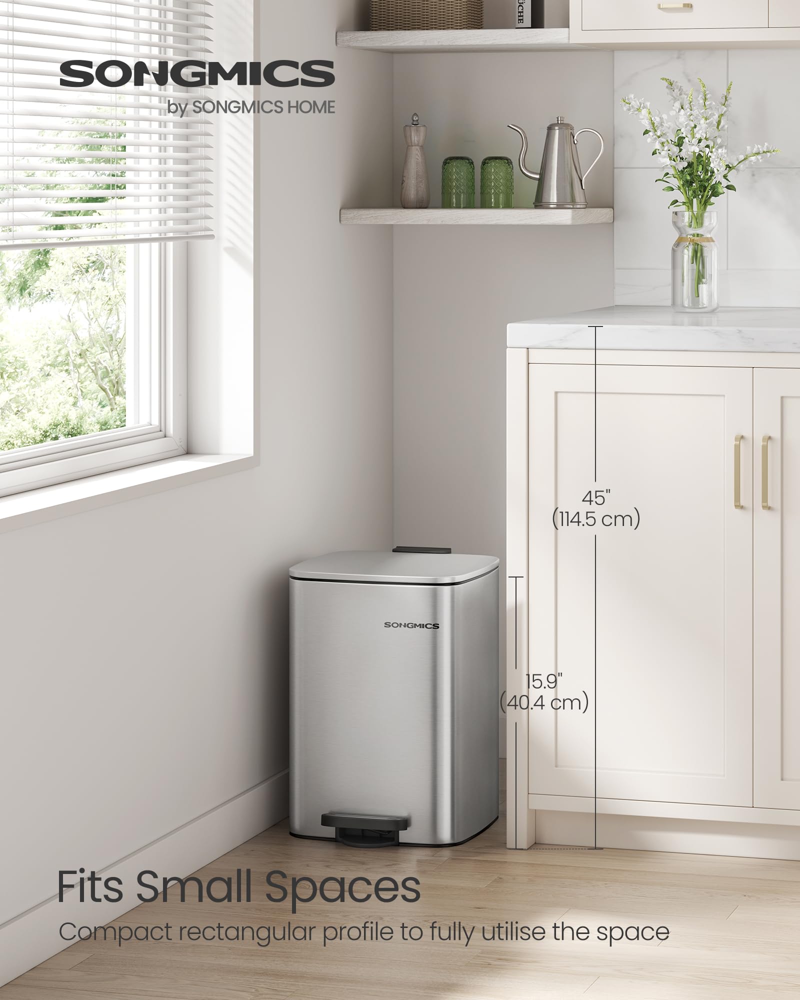 SONGMICS Kitchen Bin, 8-Gallon (30 L) Trash Bin, Steel Pedal Bin, with Inner Bucket, Soft Close and Stays Open, Ink Black LTB593B02