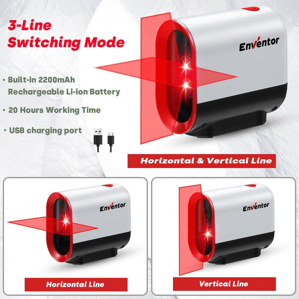 Enventor Rechargeable Laser Level, 25M 2200mAh Li-ion Battery Green Laser Level Self Leveling with Pulse Mode, 7 Hours Working Time, 360° Magnetic Base, Switchable Horizontal/Vertical/Cross line
