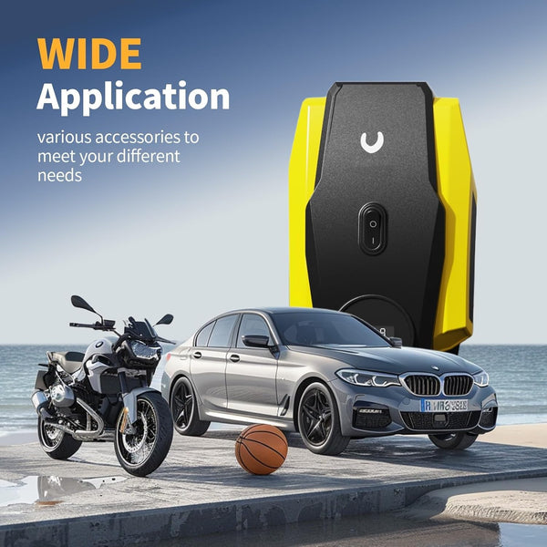 Powools Tyre Inflator Portable Air Compressor - Air Pump for Car Tyres - 12V DC Compact Tyre Pump with Auto Shutoff Function - Multipurpose Car Accessory with LED Light, Yellow, Medium