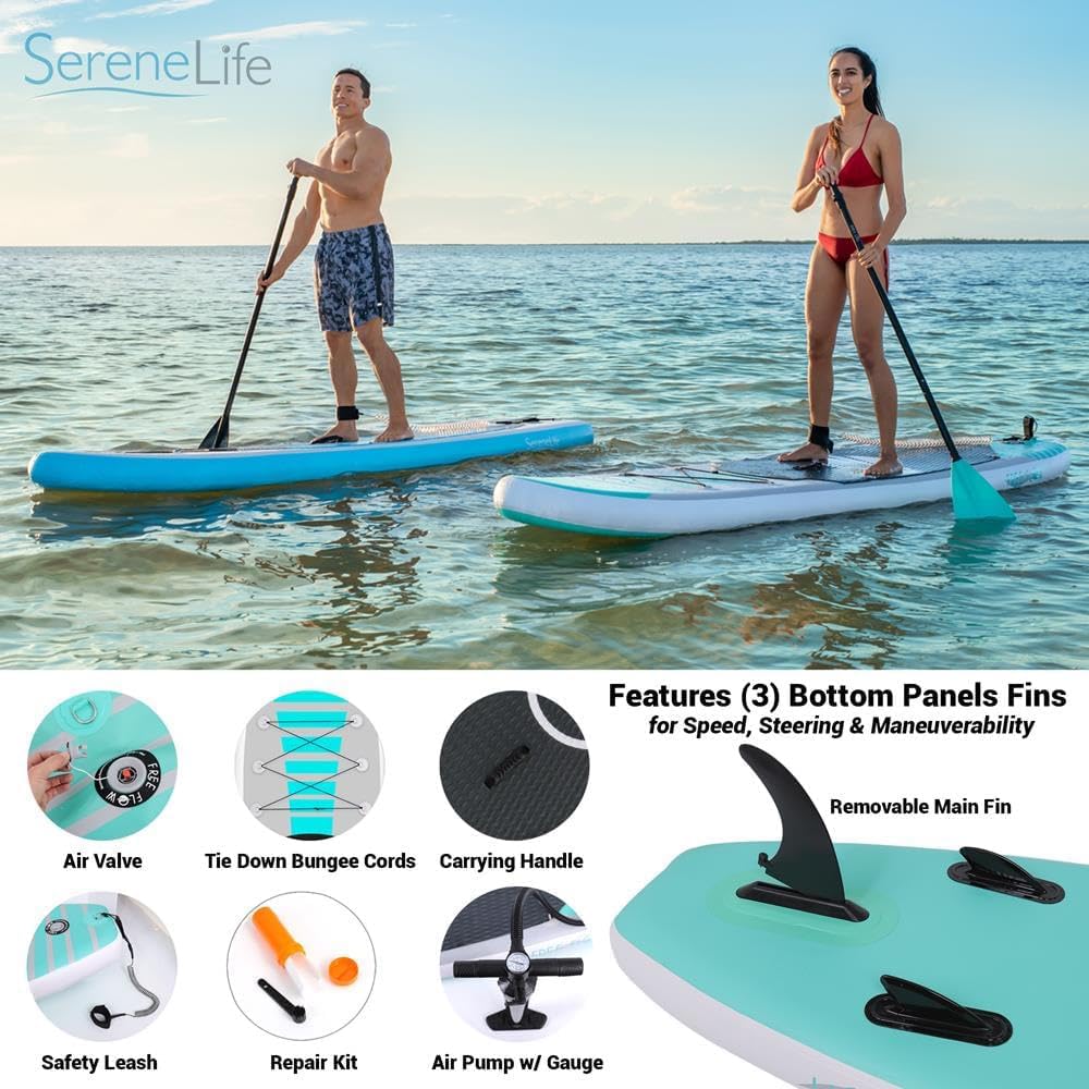 SereneLife Inflatable Stand Up Paddle Board, SUP Board- Paddleboards for Adults & Youth, Surfing Board Kit, 0.63cm Thick Standup Paddleboarding, Non-Slip Deck, Wide Stance, Surf Control w/Backpack