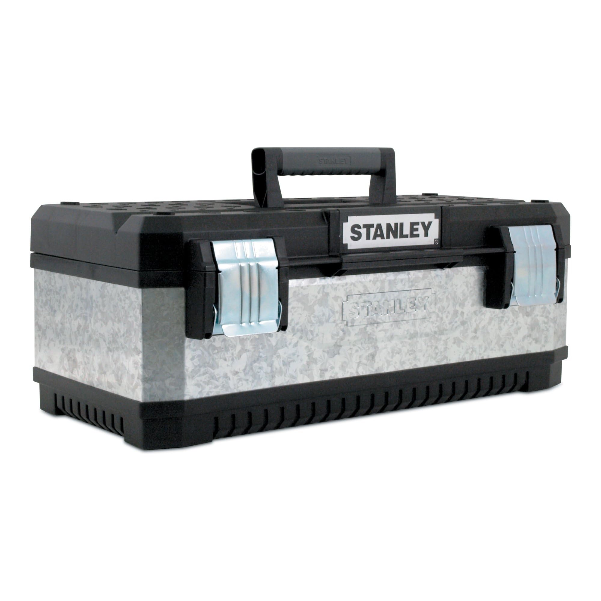 STANLEY Galvanised Toolbox Chest with Heavy Duty Metal Hinge, Portable Tote Tray for Tools and Small Parts, 26 inch, 1-95-620