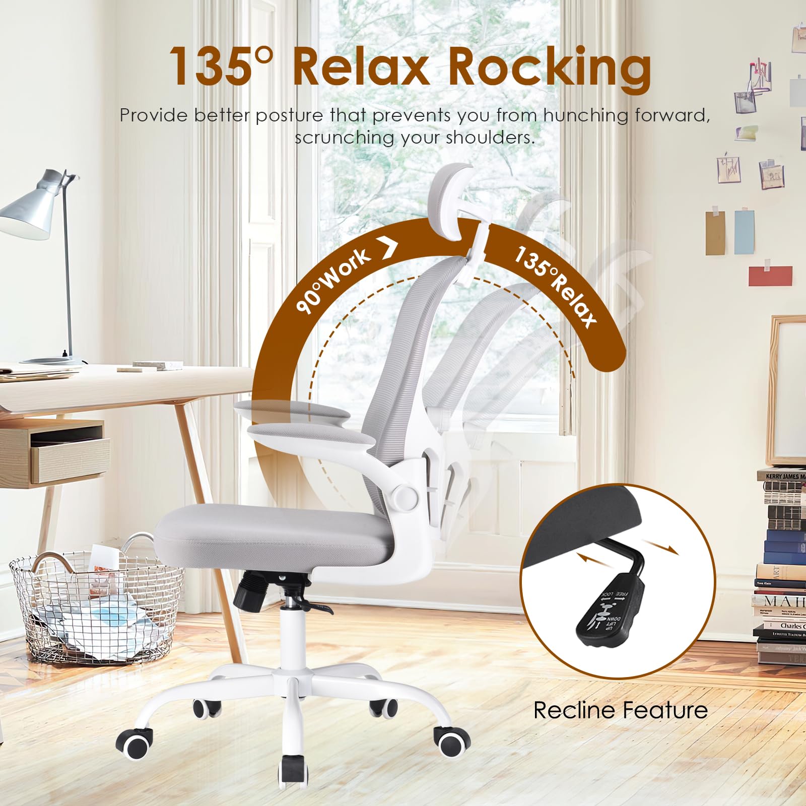 Farini Home Office Chair - Ergonomic Computer Chair with Flip-Up Armrests, Adjustable Headrest & Lumbar Support - Breathable Mesh Fabric for