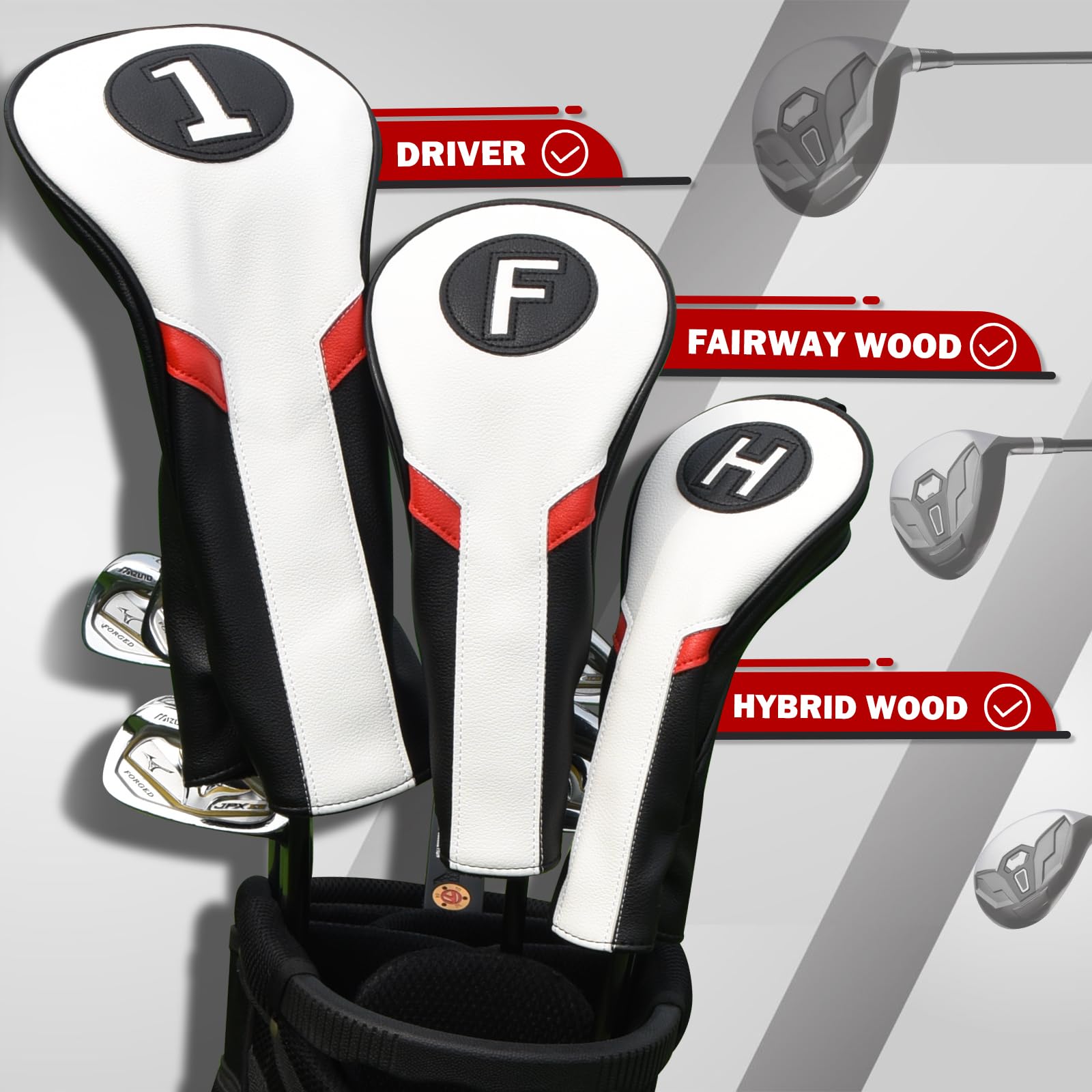 Golf Club Head covers Wood Set 3 PACKS 1FH DR FW UT for Driver Fairway Hybrid with No.Tag Elastic Closure White&Black&Red PU Leather