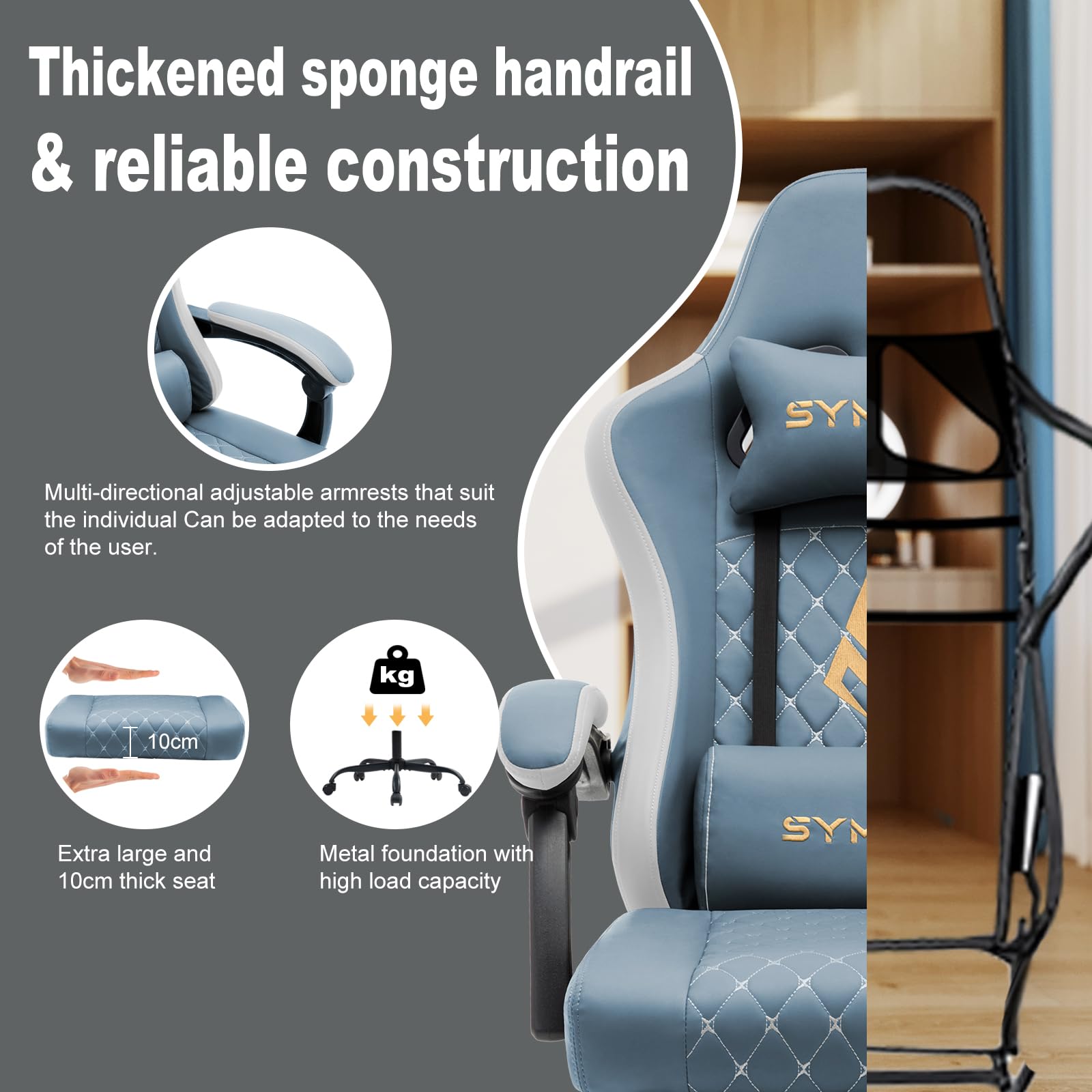 Symino Gaming Chair with Footrest, Computer Ergonomic Video Game Chair, Adjustable Swivel Task Chair with Lumbar Support, PC Chair, Office Chair PU Leather, Grey&White