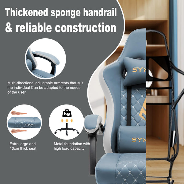 Symino Gaming Chair with Footrest, Computer Ergonomic Video Game Chair, Adjustable Swivel Task Chair with Lumbar Support, PC Chair, Office Chair PU Leather, Grey&White