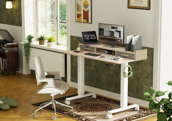 Claiks Electric Standing Desk with Drawers, 120x60cm Height Adjustable Desk with Storage Shelf and Splice Board, Stand Up Desk for Home Office, White Frame/Maple Top