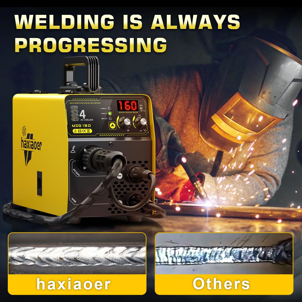 haxiaoer 145A Gasless MIG Welders, 3 in 1 Portable Flux MIG/ARC/Lift TIG MIG Welding Machine with Smart Digital LED Dispaly, Semi-Automatically Synergy Inverter MIG Welder, Best for Beginner