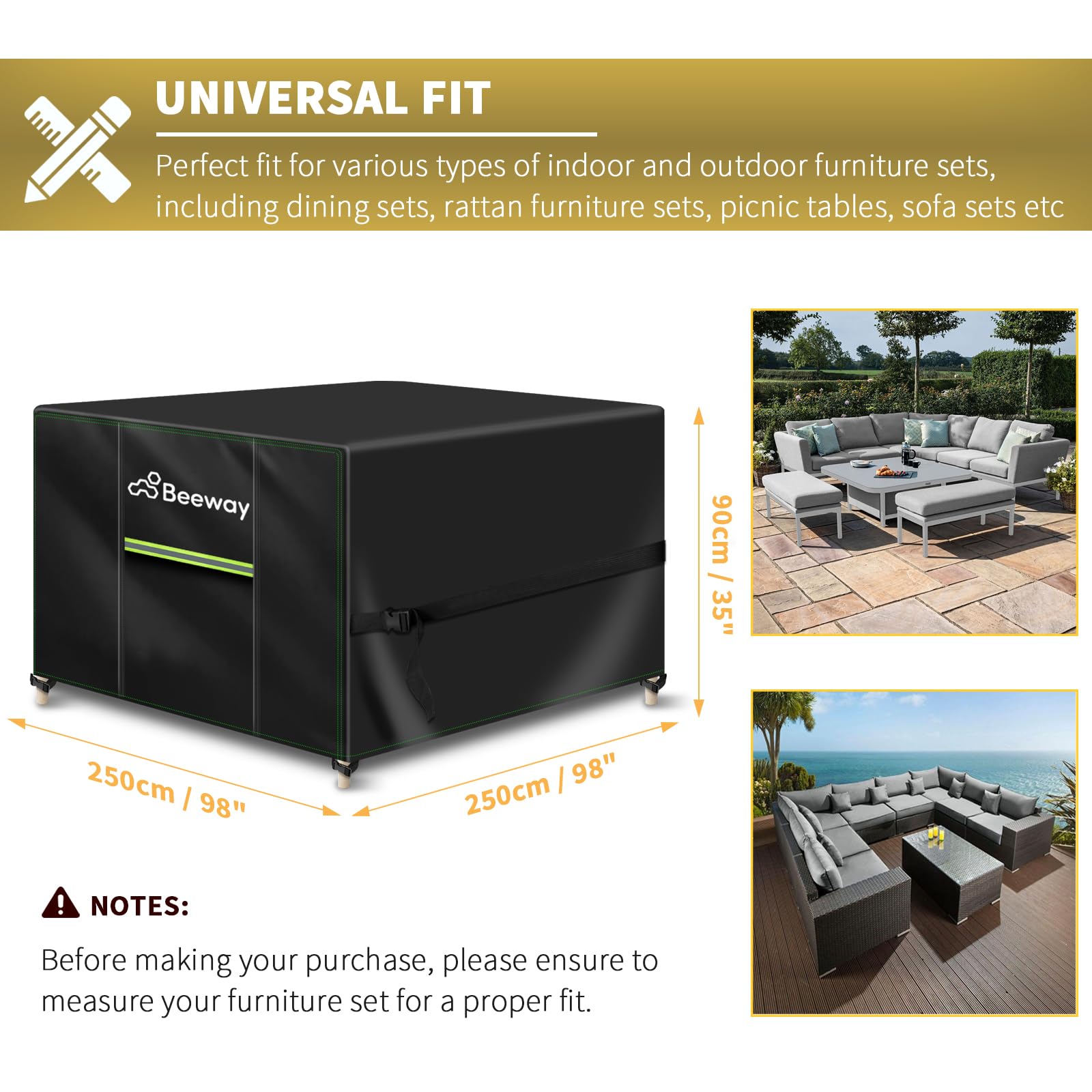 BEEWAY Garden Furniture Cover With Air Vent, Waterproof Patio Rattan Sofa Table Chair Set Cover - 420D Oxford Fabric, Windproof - Rectangular 242 x 182 x 100cm