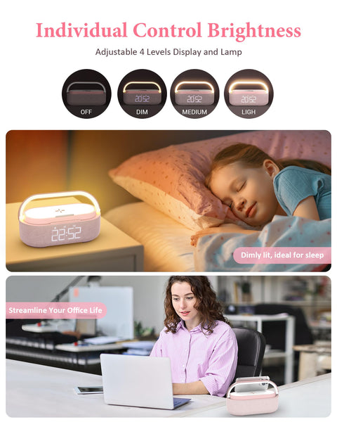 COLSUR Radio Alarm Clock Bluetooth Speaker, 15W Wireless Charger Alarm Clocks Bedside, Night Light, Loud Volume for Heavy Sleepers, Snooze, Dimmable LED Display, 2500mAh Battery